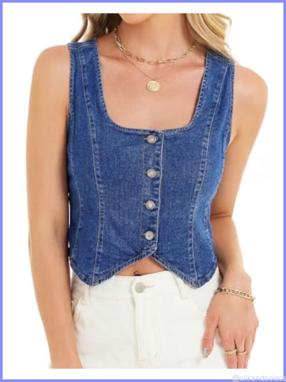 Women's Denim Vest Top Square Neck Sleeveless Western Button Down Cropped Jean
